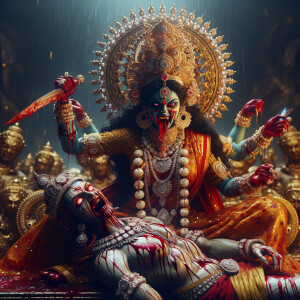 portrait of extremly angry looking goddess kali, sitting on a gold crown and carrying a weak mahishasur on her lap and stabbing him with her amazing long red finger nails. She is wearing diamond armor, a huge diamond crown, red saree, abundant diamond jewelry, covered in blood. The scene is set in ancient India. The image is 8K resolution, cinematic, ultra detailed face and epic.