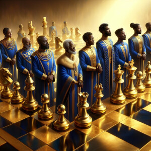 3-D realistic oil, painting,of a gold and black human chessboard...