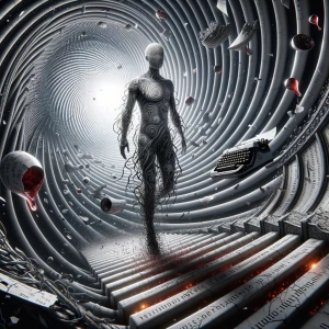 A photorealistic HD surreal painting of a faceless humanoid figu...