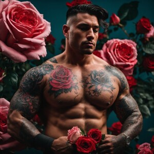 A half top pig bottom half man bodybuilder, tattoos on his chest...