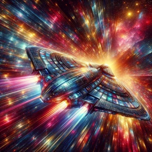 A shimmering quantum cruiser, its sleek lines glowing with vibra...