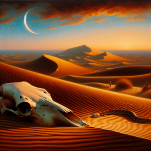 Prompt: Vast, desolate desert landscape at dusk, Half moon hangi...