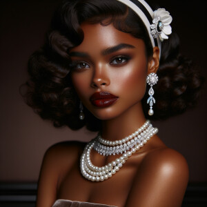 Envision a light-skinned African-American Hawaiian woman, embodying a mix of cultural elegance. Her hair is styled in glamorous, voluminous curls that frame her face, with a chic white and black headband accented by a luxurious pearl and diamond brooch. Her makeup is classic and sophisticated, with a smoky eye and deep red lipstick that complements her complexion. Adorning her neck are strands of pearls, adding to her opulence, and her ears feature large, chandelier earrings with pearls and diamonds that glisten. She carries the grace of Hawaiian charm, with her head slightly tilted in a dignified pose, her eyes full of depth and history. The background is a rich, dark shade that contrasts with her radiant skin.