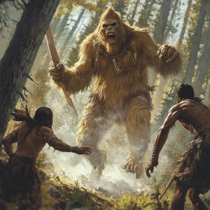 A group American choctaw chase a towering, hair-covered humanoid...