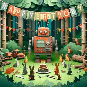 photorealistic image. rusty robot in a forest surrounded by his...