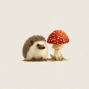 Cute small hedgehog sitting beside mushroom, vintage illustratio...
