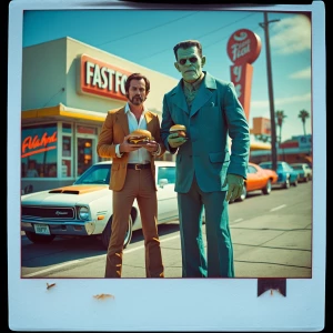 A man dressed in 1970s fashion holding a cheeseburger stands beside Frankenstein's monster, as imagined in 1973, in a California beach town. They are positioned in front of a vintage fast food restaurant, with classic hot rods parked outside.