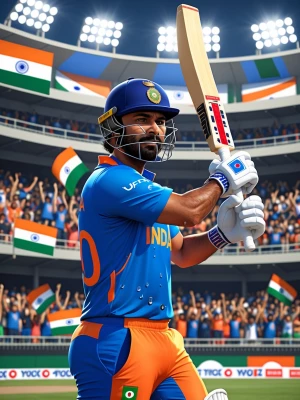 Indian 3D realistic cartoon illustration. A cricket stadium full...