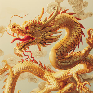 Mythical golden Chinese dragon with accents of the colors red an...
