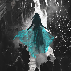 A crowd huddles on the monochrome street, their attention fixed...