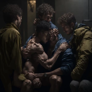 Tan frat bros cuddling in dorm