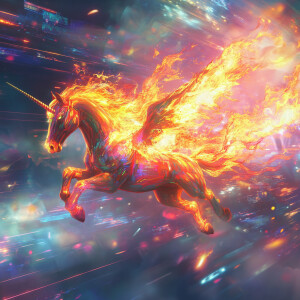 Create a vivid scene featuring a Fire Pegasus or a unicorn, surr...
