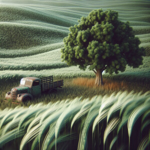 Oldabandonedtruckinafieldofhighgrassnexttoalargetree