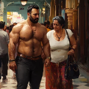 realism style art 1:1,a muscular sweaty beefy man walking  with...