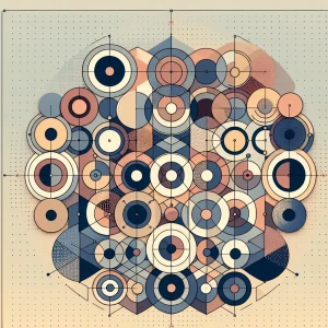 A geometric art piece featuring overlapping circles, triangles, and hexagons, each segment filled with subtle gradients. The arrangement forms a dynamic pattern that draws the eye while maintaining balance and symmetry