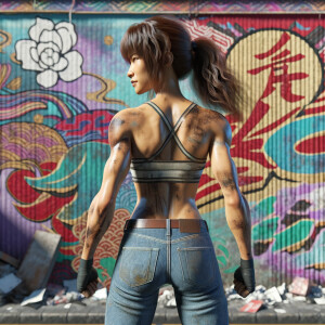 Athletic Thin skinny Attractive, Asian teenage girl, long brown hair and bangs, wearing tight skinny jeans and a halter top paint marks on her clothing, heroic pose Asian graffiti background, backside view