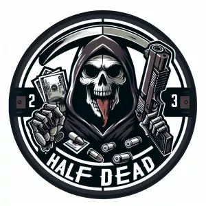 Design a circular, edged logo showcasing a stylized Grim Reaper...