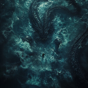 Aerial view of a chaotic underwater scene: pov feet, escape the...