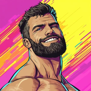 White muscular thin man with beard, big chin, smile and cheekbon...