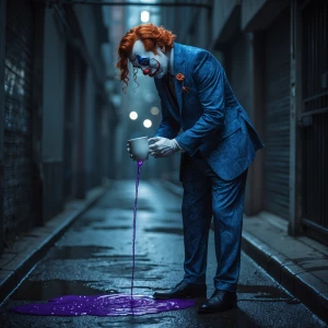 "In a dimly lit  alley, a gangster clown stands alone, draped in...