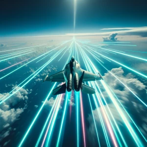Fighter jet flying through the sky,  tron effects, wide angle sh...