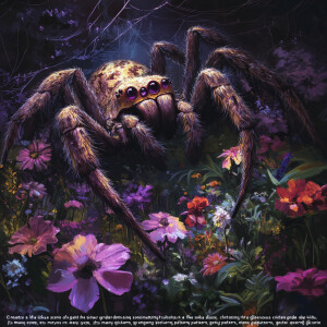 "Create a lifelike scene of a giant spider dominating a flower g...