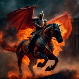 fiery horseman flies on a dragon in armor
