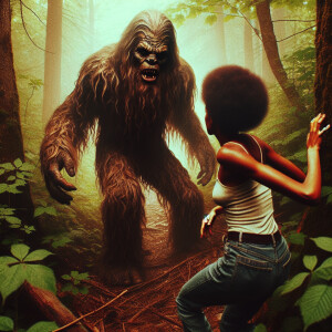 A humanoid looking hair covered sasquatch growling at a hiker in...