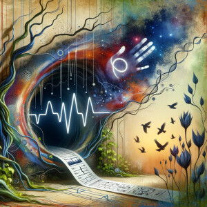 lie detector graphs, cardio, printout , branches infinity sign, cave, Art, handprints, distant birds flying, flowering vines, abstract gestural painting, dna cave drawings galaxies electrical cardiogram