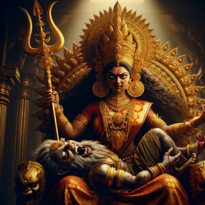 portrait of angry looking goddess durga, sitting on a gold crown and carrying a weak mahishasur on her lap and stabbing him with her amazingly designed trident. She is wearing gold armor, a huge gold crown, red saree, abundant gold jewelry, covered in blood. The scene is set in ancient India. The image is 8K resolution, cinematic, ultra detailed face and epic.