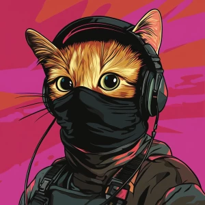 A wide-eyed ginger cat wearing a black tactical balaclava (or ma...