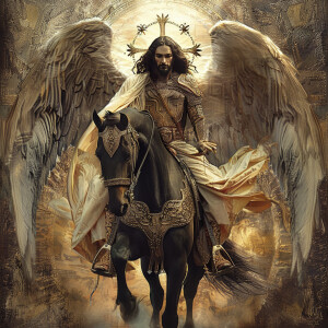 Middle Eastern Jesus Christ with wings on a horse