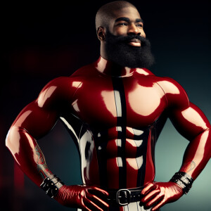 A bearded muscular man standing confidently with his hands on hi...