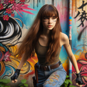 teenage girl, long brown hair and bangs, wearing tight skinny jeans and a halter top paint marks on her clothing, heroic pose Asian graffiti background, nearing on one knee