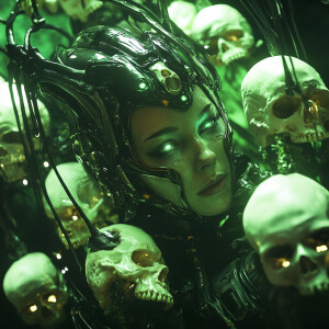 An extraterrestrial queen with sleek, metallic skin and multiple...