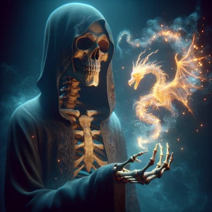 A close-up, cinematic painting of a skeleton wearing a hooded ro...
