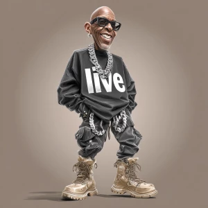 Generate a caricature-style cartoon image of a 63-year-old bald...