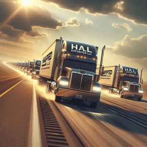 Design an image featuring a fleet of trucks emblazoned with the...