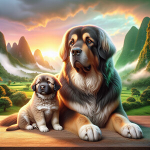 A Female Tibetan mastiff with her puppy next to her 3D Photolist...