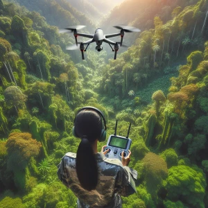 military drone operator with drone flying in a jungle terrain in...