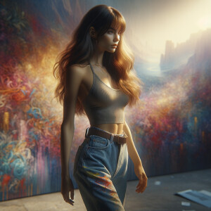 Sexy, Asian teen girl wearing skin tight jeans and a halter top long hair and bangs paint marks on her clothing, graffiti background heroic pose side view