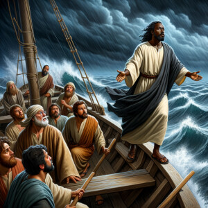 African-American Jesus telling Peter to come walk on the water,...