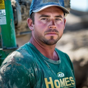 Brian Nobles a real 28 year old Caucasian male who is using  a concrete mixer, he is a  pump operator holding the hose which carries the liquid concrete to the foundation pour, Brian is slowly  beginning his transition into adult maturity , Brian Nobles is beginning to look like a grown man, he has large reflective brown eyes and a wrinkled brow,Brian is now balding , prominent large protruding round fat obese belly,,thick goatee beard, healthy muscle mass ,very noticeable male pattern balding hairline, Brian Nobles now has a  prominent receding and thinning male hairline (onset male pattern baldness), slightly fat overweight(Caucasian)wearing tight body conforming  glossy satin shiny green and gold tight fitting body conforming UnderArmour athletic bodysuit,emblazoned with the "KD HOMES" real estate logo, standing confidently in front of a newly completed constructed new KD HOME in Victorville California in a raw desert landscape. Brian has a protruding fat obese muscular physique, large male bulge, fat obese muscular frame , shows a substantial frame with a noticeable mature hairline and expressive eyes. His workman’s  pose should reflect his experience in his trade.