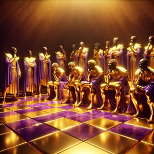 3-D realistic oil, painting, Oh a gold, and purple human chessbo...