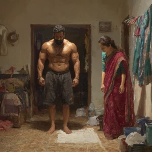 Hyperrealism digital painting ,a indian muscular beefy sweaty...