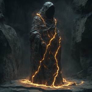 This image depicts a dark, mysterious figure standing in a shado...