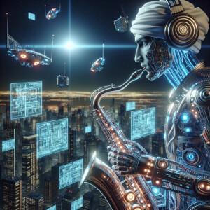 Transform into a  weird  scene somebody  playing  robotic  saxop...