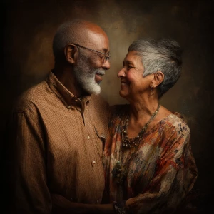 Generate an image of an 60 year old beautiful couple, appearing...