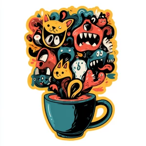 overflowing coffee cup with chaotic swirling steam transforming...