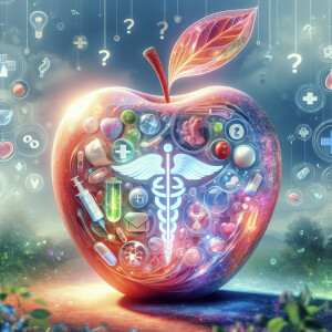 Create a glowing, translucent apple with a medical prescription...
